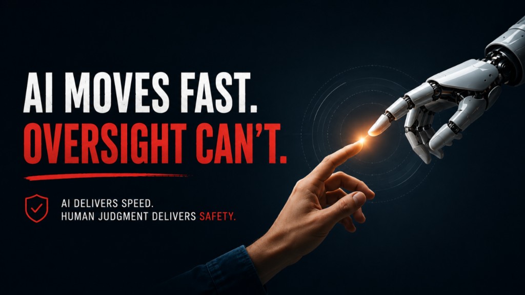 Human and robotic hands nearly touching with a spark — AI moves fast, oversight can't