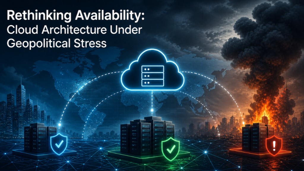 Cloud infrastructure connected to regional server clusters, with one region under geopolitical stress